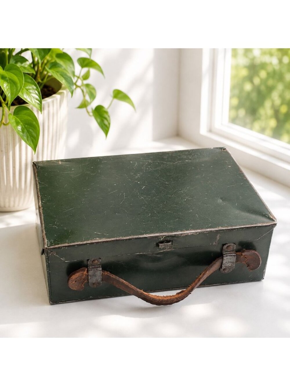 Vintage Green Metal Storage Box With Handle - Rustic Industrial Design - 12"x8"x
